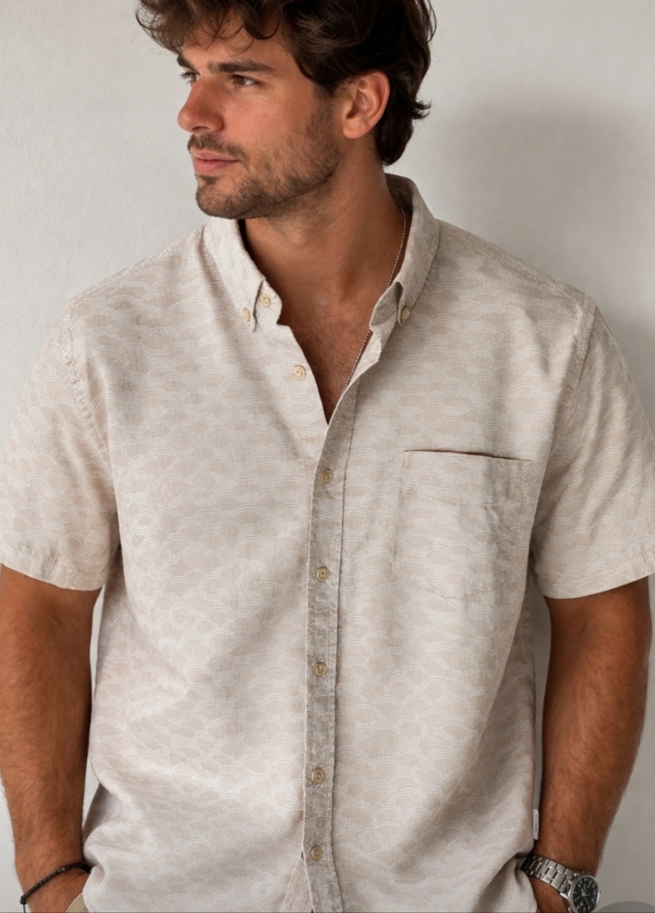 Ben Sherman Short-Sleeve Button-Down Shirt in Light Tan Pattern